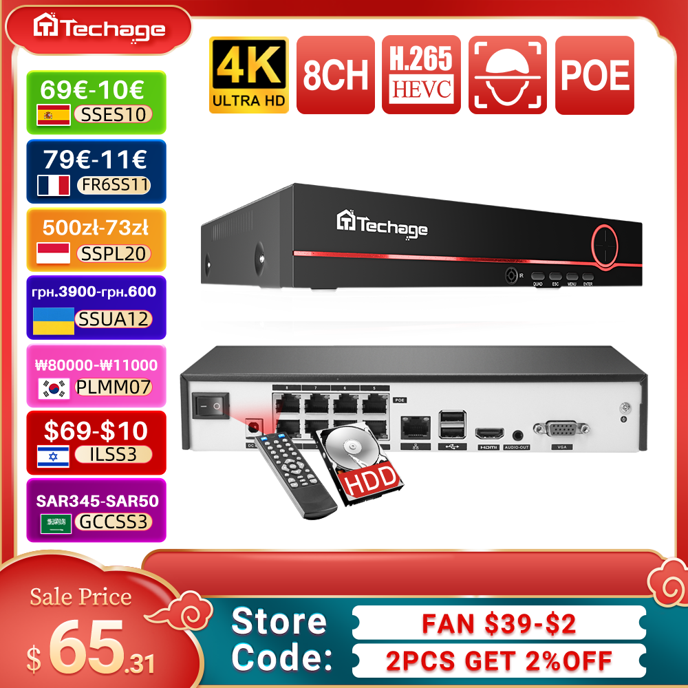 Home Security Cameras - Techage H.265 8CH PoE Network Video